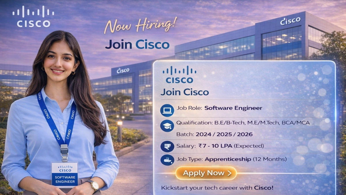 Cisco Off Campus Drive 2026 Hiring Freshers Software Engineer | ₹7–10 LPA Salary | Freshers Eligible | 2024–2026 Batch Apply Now 8 Cisco Off Campus Drive is hiring Software Engineer for freshers across 2023, 2024, 2025 & 2026 batch candidates with degrees