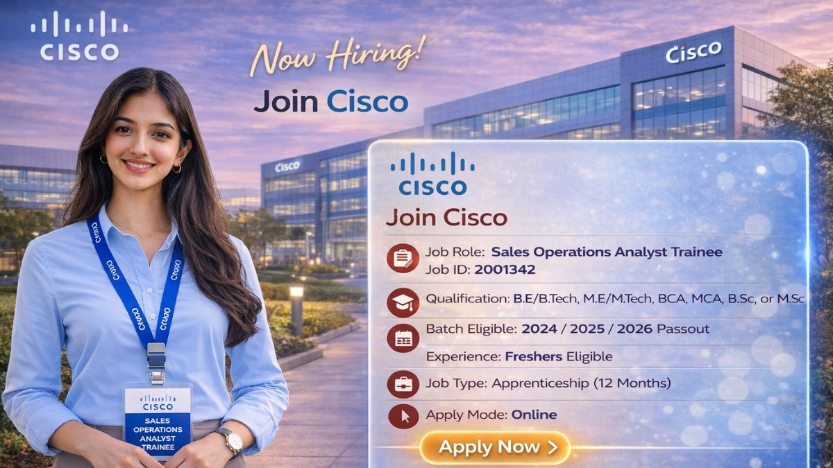 Cisco Off Campus Hiring 2026 – Analyst Trainee | Graduate Apprentice | Freshers Eligible Apply Now | Salary Up to ₹10 LPA 9 Cisco Off Campus Hiring 2026 is inviting applications for the role of Sales Operations Analyst Trainee – Non Technical Graduate Apprentice