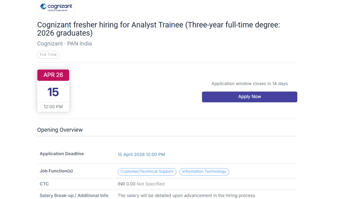 Cognizant Off Campus Drive 2026 has been announced to hire freshers for the Analyst Trainee