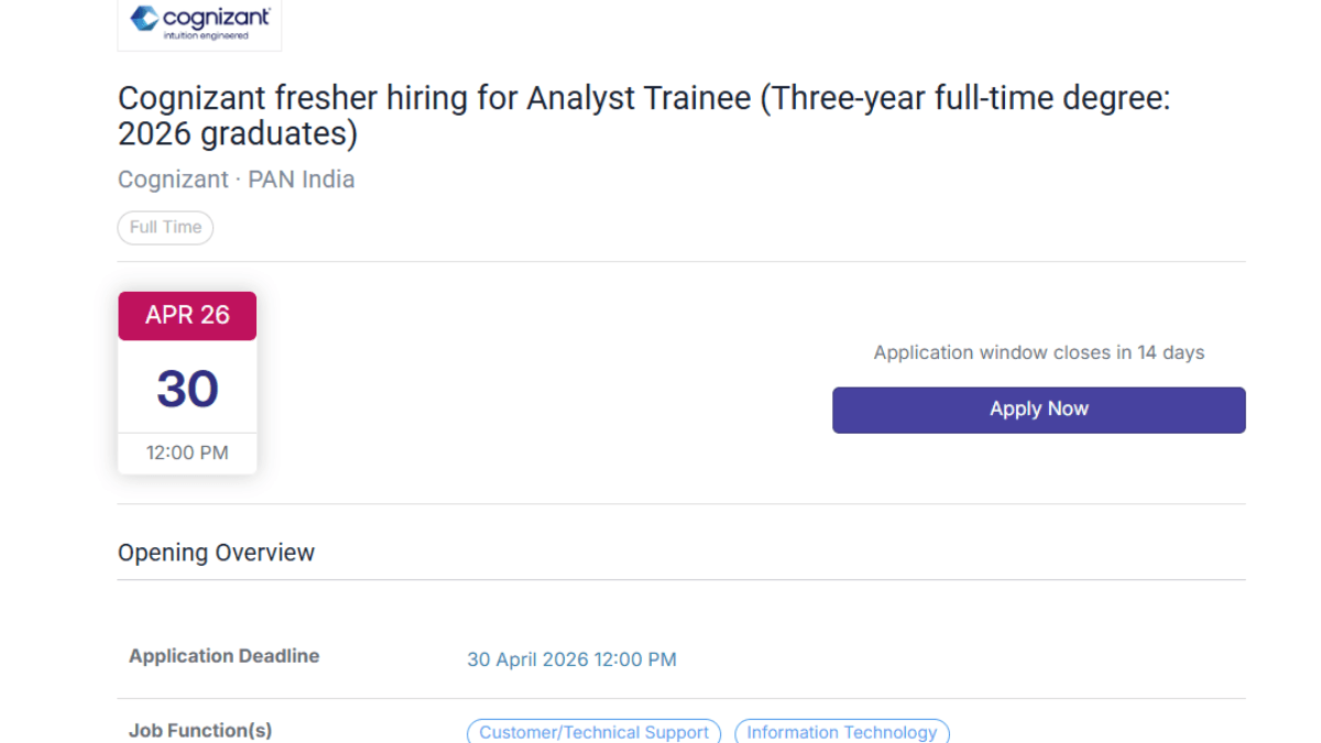 Cognizant Off Campus Drive 2026 has been announced to hire freshers for the Analyst Trainee role 