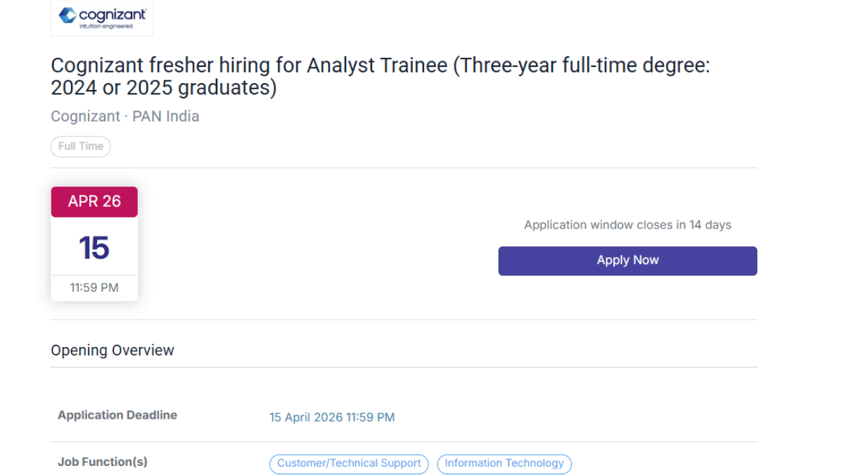 Cognizant Off Campus Drive 2026 has been announced to hire freshers for the Analyst Trainee role across multiple locations in India
