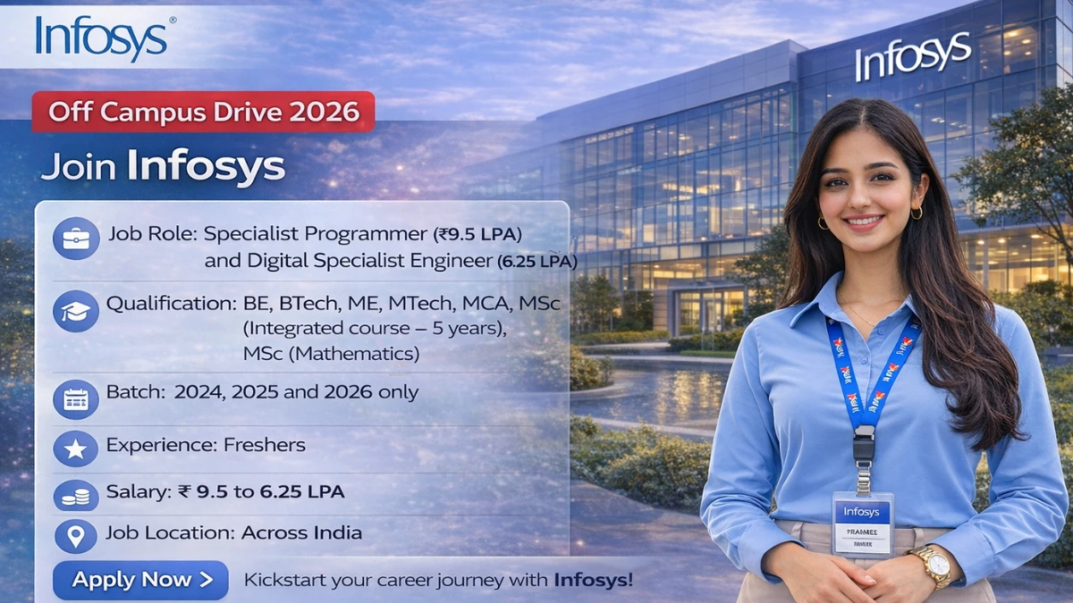 Infosys Off Campus Drive 2026 Freshers For Specialist Programmer (21 LPA) and Digital Specialist Engineer (6.25 LPA) 30 Infosys Off Campus Drive 2026 has been announced to hire freshers for Specialist Programmer (SP) and Digital Specialist Engineer (DSE)