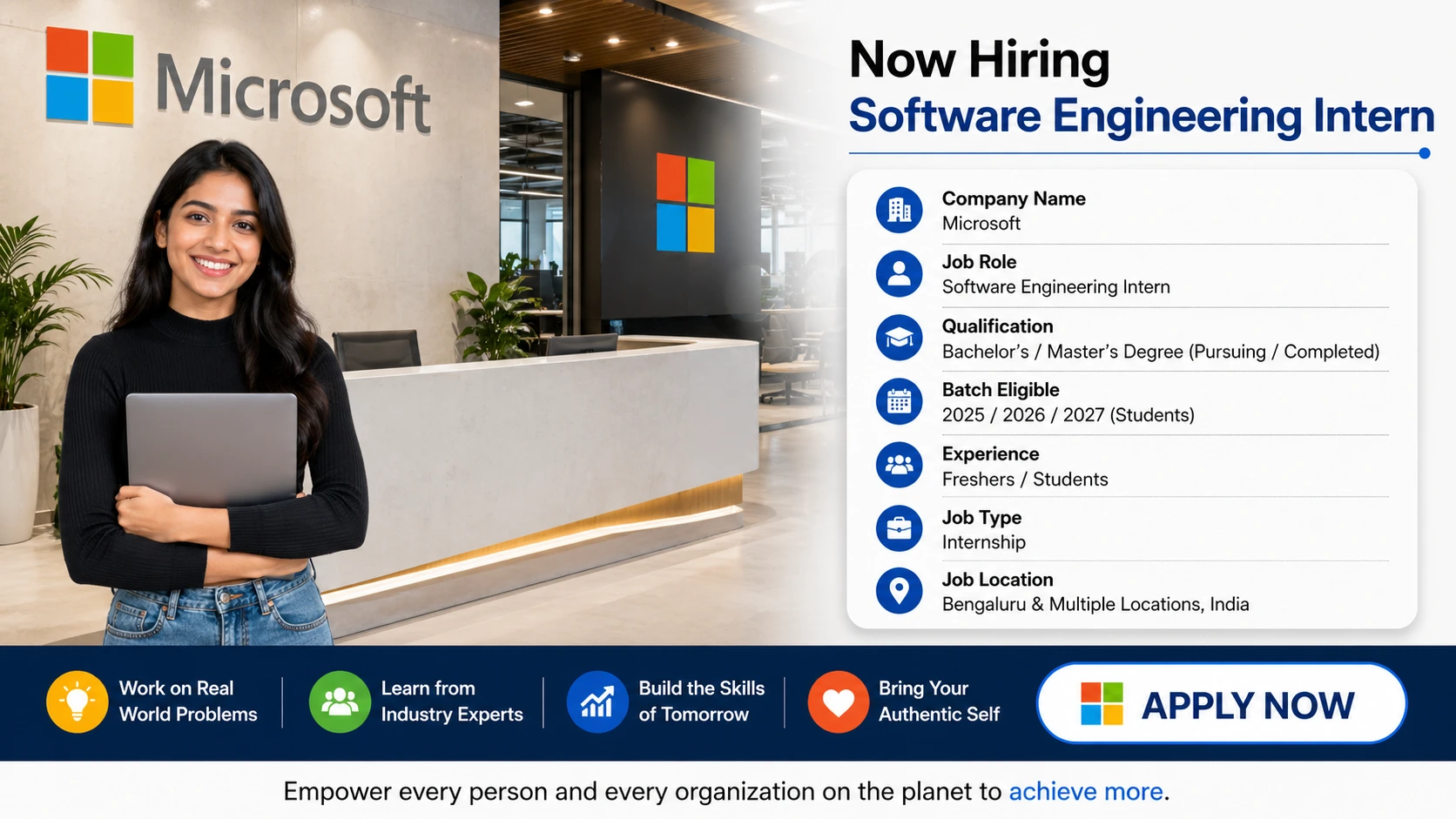 Microsoft Internship 2026 is now open for the role of Software Engineering intern at its Multiple