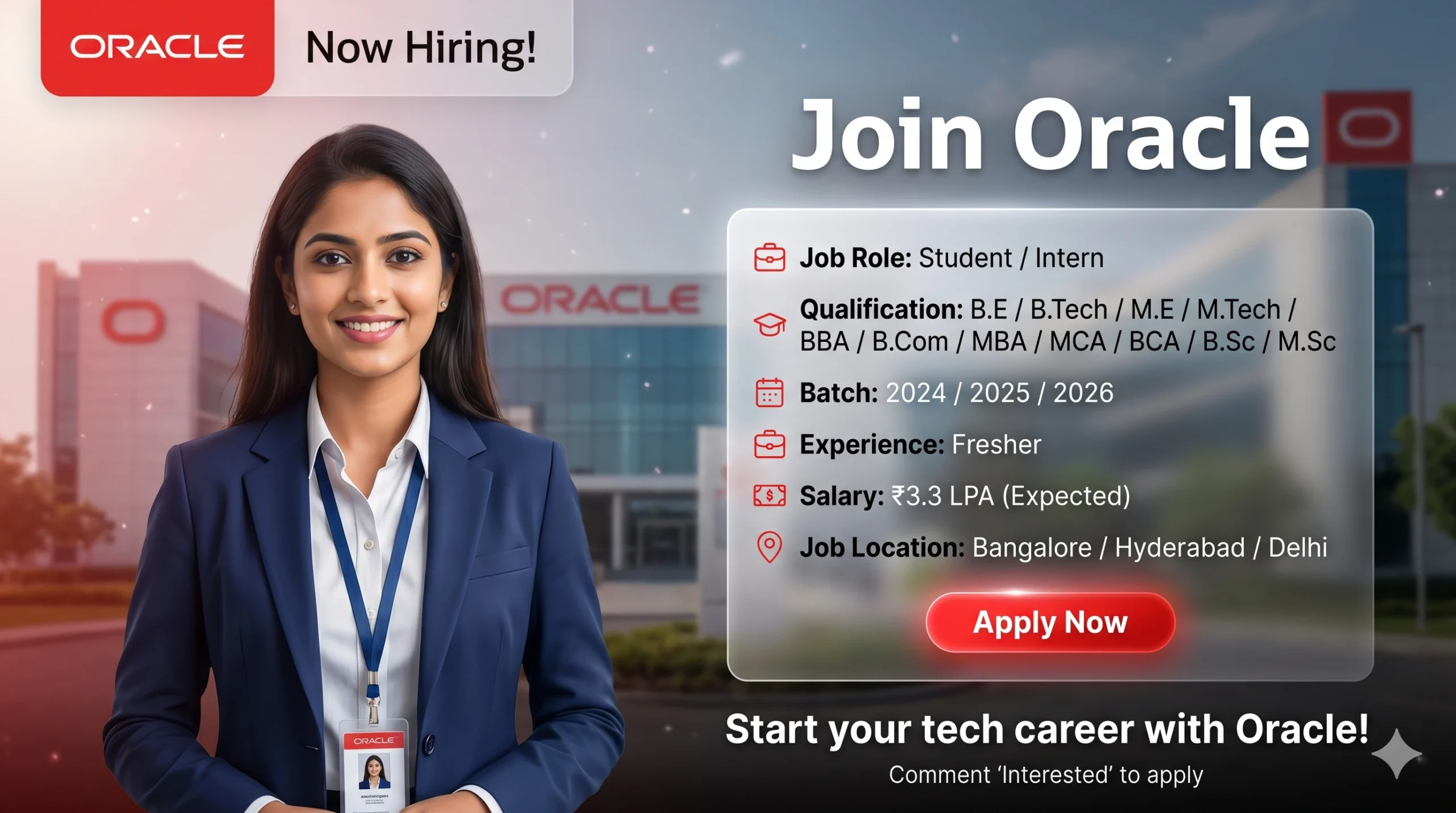 Oracle Internship 2026 is now hiring for the Student Intern role at its Bengaluru, Karnataka, India
