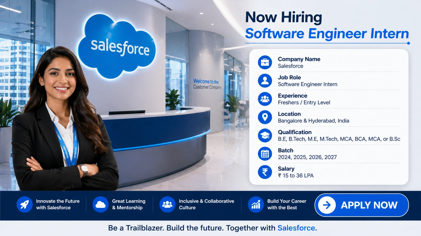 Salesforce Internship 2026 is inviting applications for the role of Software Engineer Intern 