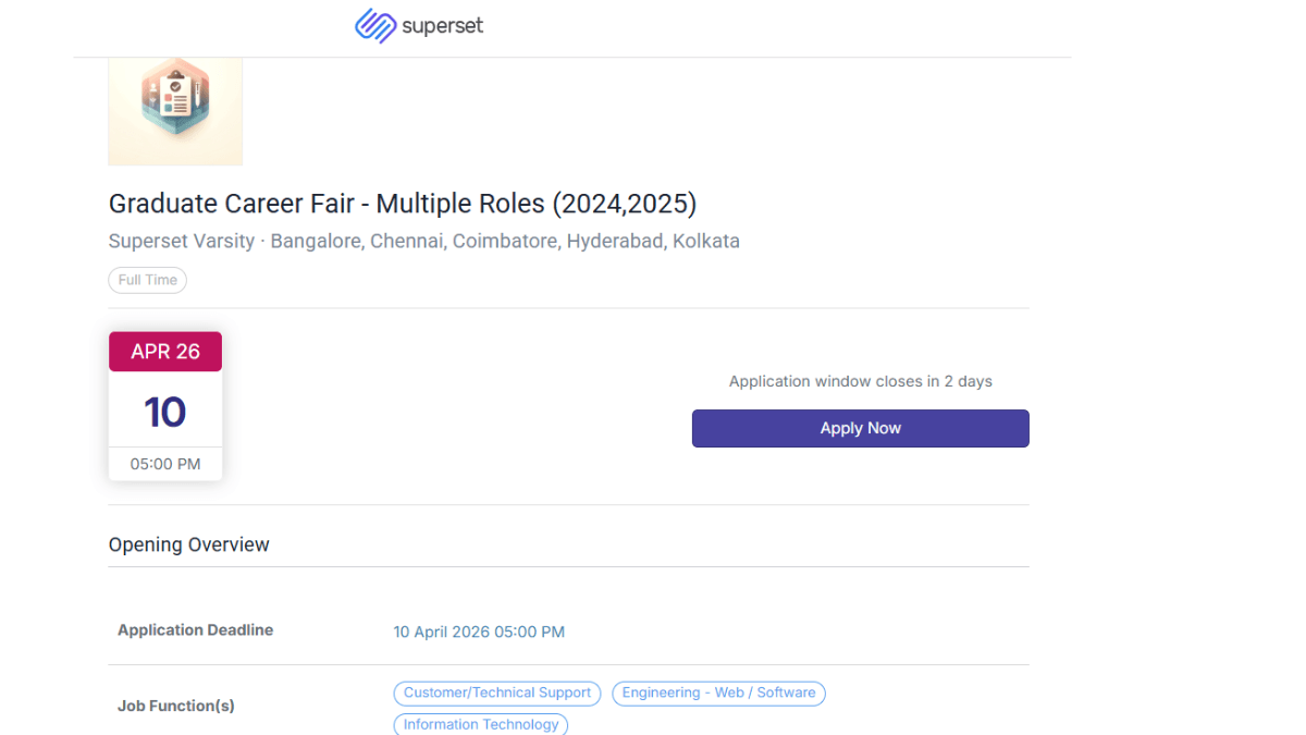 Superset Varsity Off Campus Drive 2026 – 2024 & 2025 Graduates Hiring for Multiple Roles | Apply Now 2 Superset Varsity Off Campus 2026 has announced a Graduate Career Fair to hire freshers for multiple roles