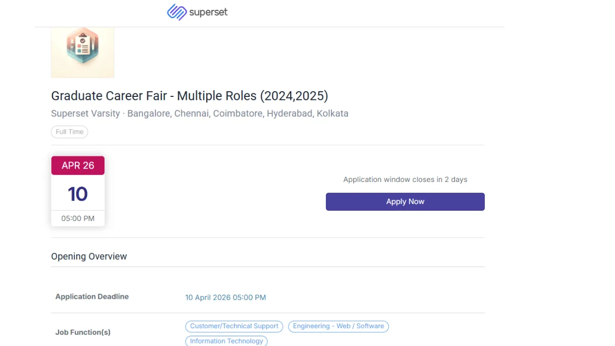 Superset Varsity Off Campus 2026 has announced a Graduate Career Fair to hire freshers for multiple roles 