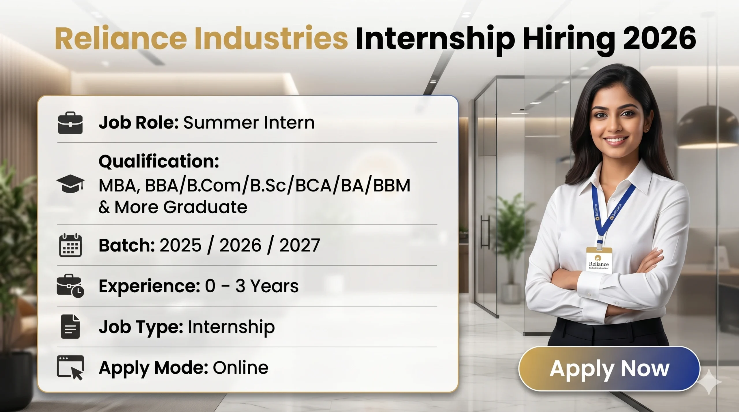 Reliance Internship 2026 has been announced to hire freshers for the Summer Intern